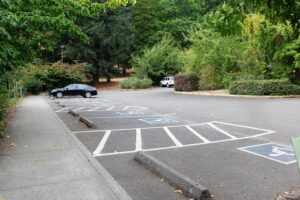 A section of a small parking lot that shows 3 handicapped parking spaces marked by blue painted squares with a white handicapped symbol in the middle, separated by access aisles marked with white striped paint. There are trees and shrub plantings all around the parking lot, and there is a sidewalk along the front edge of the parking spaces.