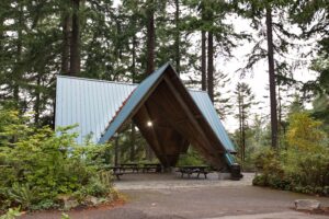 Stevens Pavilion- a green roofed picnic pavilion has 10 picnic tables.