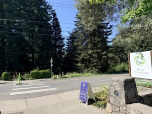 The crosswalk across Fairview Blvd from the Hoyt Arboretum Visitor Center that leads to a path toward Stevens Pavilion. 