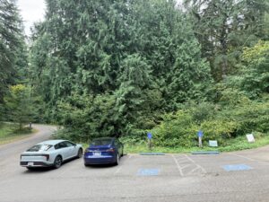 A small parking lot at the Bristlecone Pine Trailhead with 4 total parking spots including 2 that are accessible with an access aisles on either side.