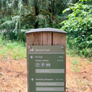 An image of a wooden wayfinding sign pointing at the center of Spruce Trail with arrows pointing in either direction at the trail mark, and pointing to the right to go back to the Visitor Center where parking and bathrooms are.