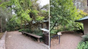 side-by-side images of resting areas in the Visitor Center Courtyard including a low, straight wooden bench directly across from a low rock wall, and a curved bench off to the left closer to the building next to a bike rack.