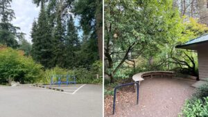 side-by side images of blue bike racks. The one on the left shows 3 bike racks in a parking lot, and the one on the left shows 1 bike rack next to a curved bench.