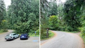 2 side-by0side image- the one on the left shows a small parking lot on a small park road and the image on the right shows a small park road with a Redwood Trail marker sign on the left and a small trail on the right of the road.