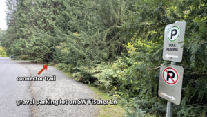 a gravel parking area to the left of a small road for pull off street parking with a no parking sign shown at the end where the gravel ends. The image shows the entrance to the connector trail to access Creek Trail with a red arrow pointing in that direction.