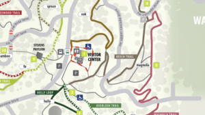 A screen grab of the Hoyt Arboretum trail map with a red marked section along the Visitor Center Loop.