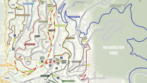 A portion of the Hoyt Arboretum trail map that shows Fir Trail marked with red dashed line.