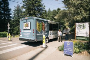 A small bus with a graphic that reads washington park on the back and has "washington park free shuttle" on the side pulling up the Hoyt Arboretum Visitor Center.