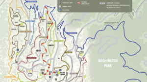 An image of the Hoyt Arboretum Trail Map with the Spruce Trail marked in a red dotted line.