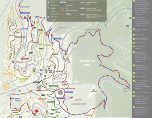 The Hoyt Arboretum trail map with Wildwood Trail marked in a dashed red line.